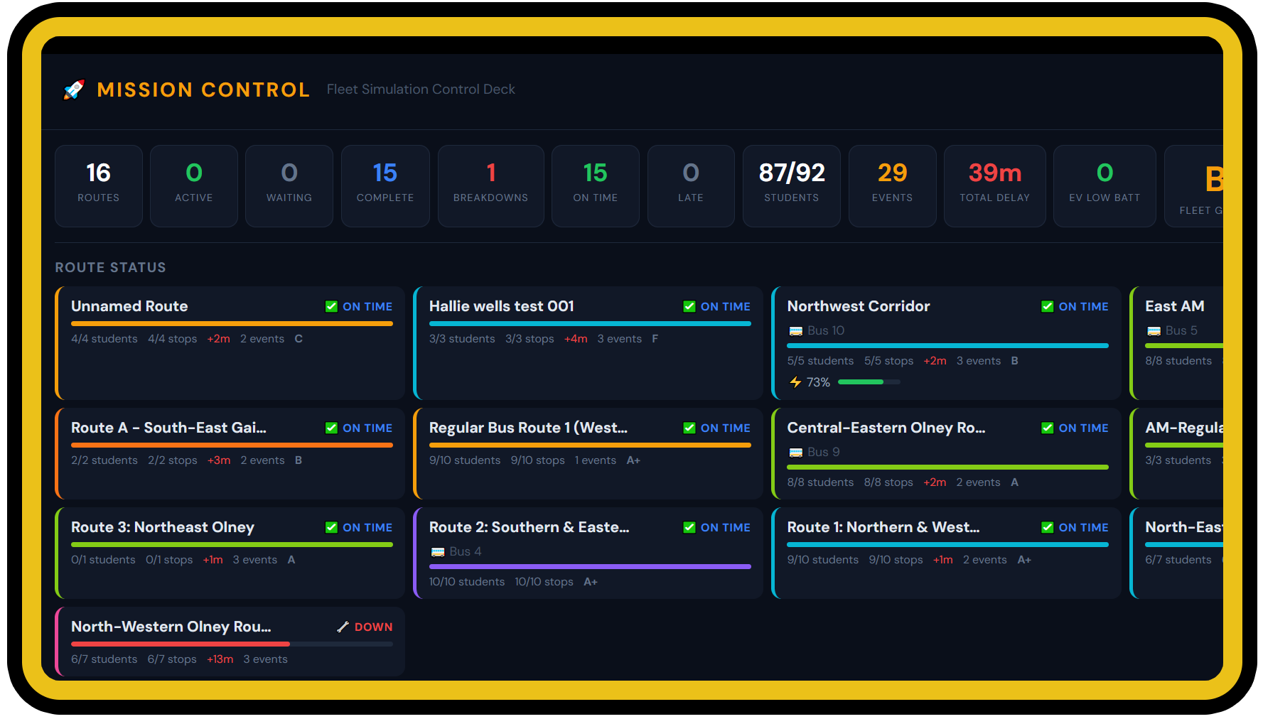 Mission Control fleet simulation dashboard with KPIs and route status